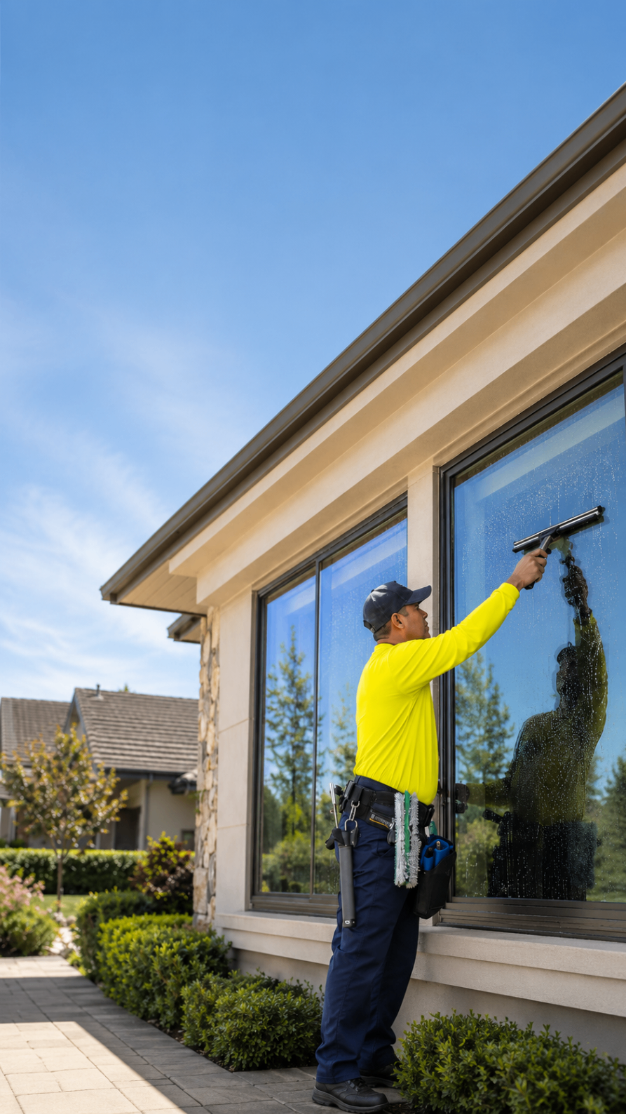 Professional Expert Squeegee LLC technician cleaning exterior windows on a Northern California home