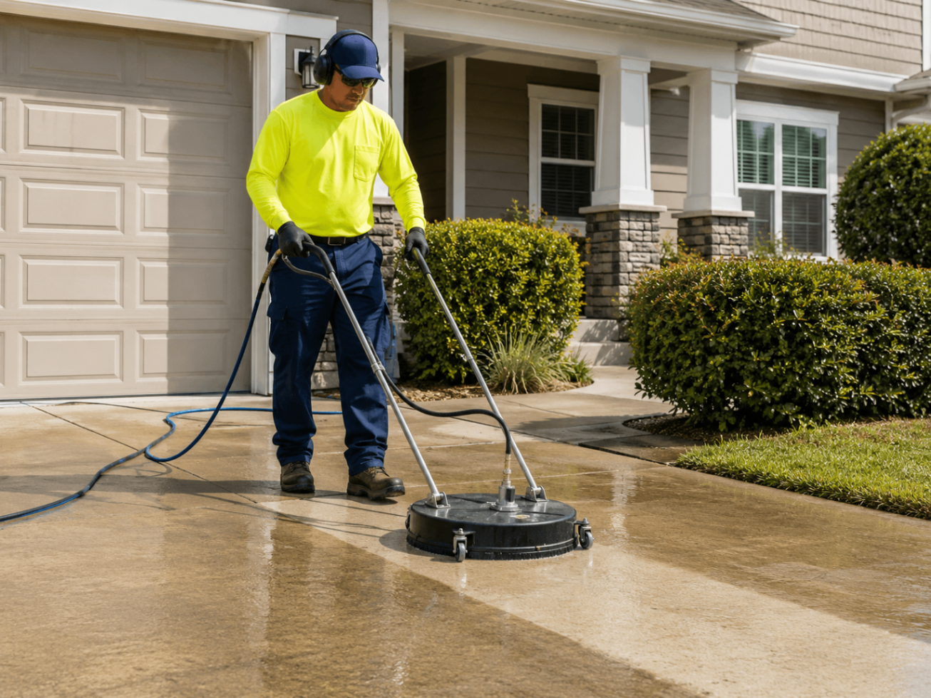 Technician pressure washing a concrete residential driveway with a surface cleaner