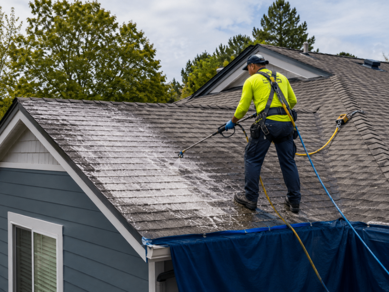 Technician performing low-pressure soft-wash roof cleaning with fall protection
